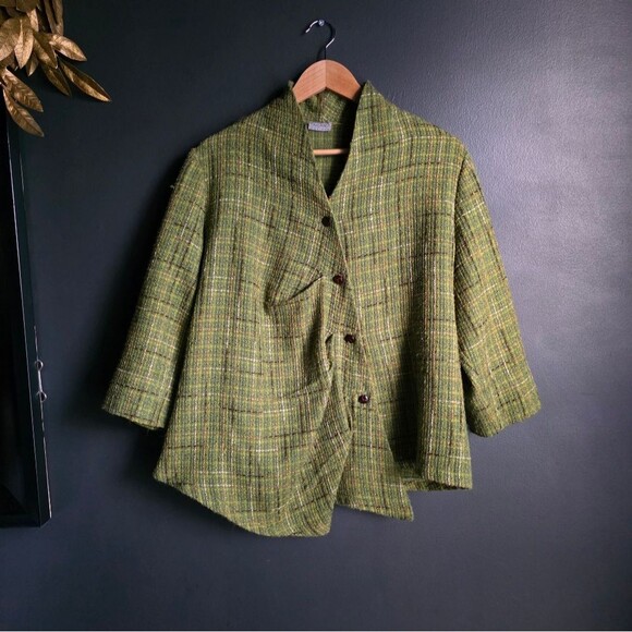 Jackets & Blazers - Takara Designs Tweed Green Plaid Button Academia Blazer Jacket OS Asymmetric